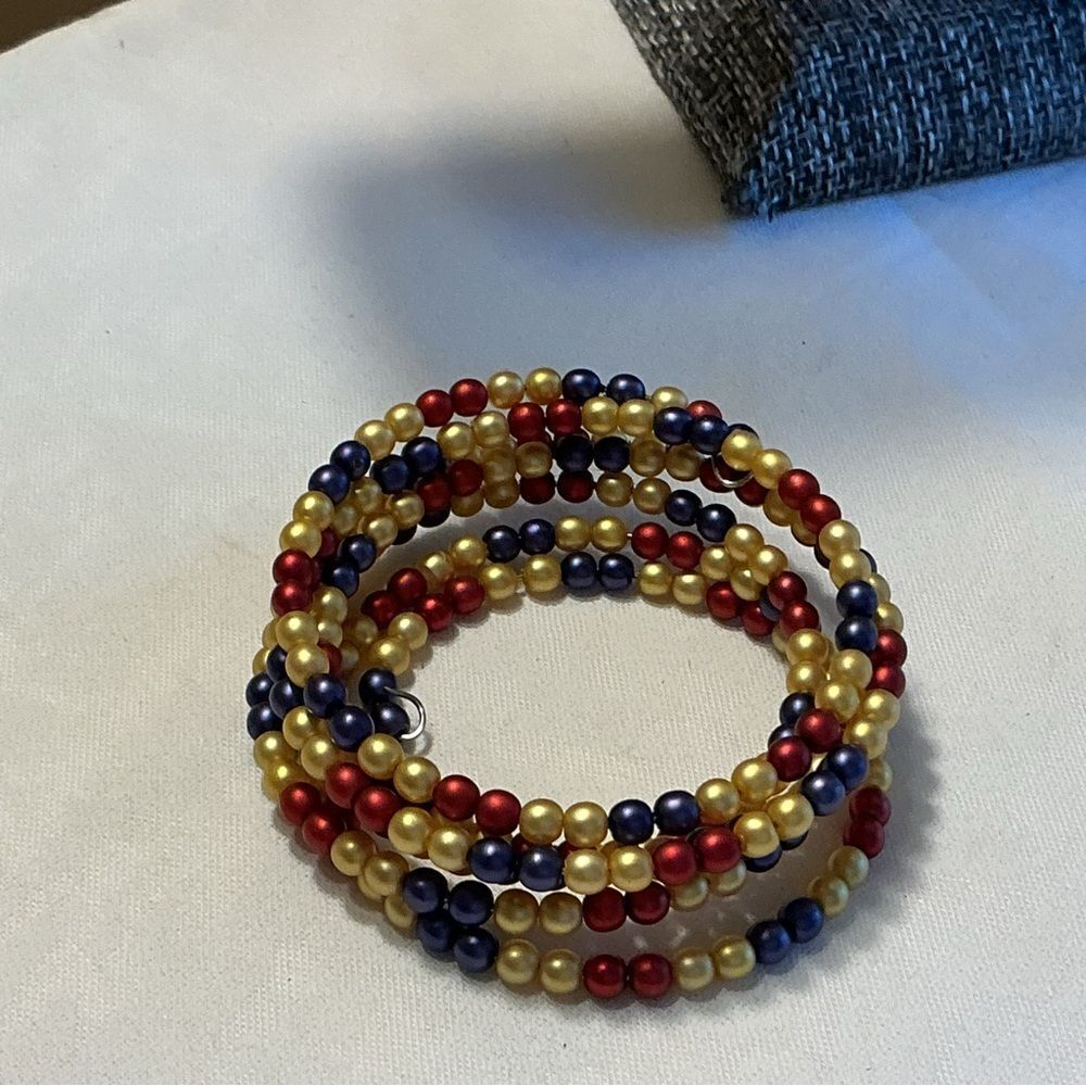 Gold, Red and Blue Beaded Memory Wire Bracelet